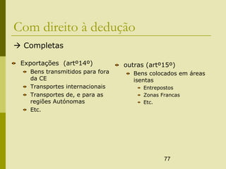 77
Com direito à dedução
 Completas
Exportações (artº14º)
Bens transmitidos para fora
da CE
Transportes internacionais
Transportes de, e para as
regiões Autónomas
Etc.
outras (artº15º)
Bens colocados em áreas
isentas
Entrepostos
Zonas Francas
Etc.
 