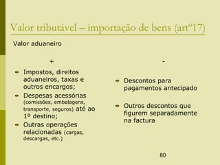 80
Valor tributável – importação de bens (artº17)
Valor aduaneiro
+ -
Impostos, direitos
aduaneiros, taxas e
outros encargos;
Despesas acessórias
(comissões, embalagens,
transporte, seguros) até ao
1º destino;
Outras operações
relacionadas (cargas,
descargas, etc.)
Descontos para
pagamentos antecipado
Outros descontos que
figurem separadamente
na factura
 