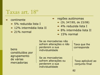 82
Taxas art. 18º
continente
5% reduzida lista I
12% intermédia lista II
21% normal
regiões autónomas
(DL 347/85, de 23/08)
4% reduzida lista I
8% intermédia lista II
15% normal
bens
constituídos por
agrupamento
de várias
mercadorias
Se as mercadorias não
sofrem alterações e não
perderem a sua
individualidade
Se as mercadorias
sofrem alterações ou
perderem a sua
individualidade
Taxa que lhe
corresponde
Taxa aplicável ao
conjunto final
 