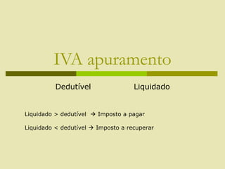 IVA apuramento
Dedutível Liquidado
Liquidado > dedutível  Imposto a pagar
Liquidado < dedutível  Imposto a recuperar
 