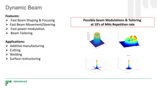 www.civan.co.il
Dynamic Beam
Features:
 Fast Beam Shaping & Focusing
 Fast Beam Movement/Steering
 Fast power modulation.
 Beam Tailoring.
Applications:
 Additive manufacturing
 Cutting
 Welding
 Surface restructuring
Possible beam Modulations & Tailoring
at 10’s of MHz Repetition rate
 