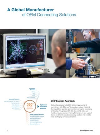 www.oetiker.com
A Global Manufacturer
		 of OEM Connecting Solutions
Technical analysis & consulting
Application engineering
Testing & validation
Commissioning & training
Maintenance & service
Clamps
Rings
Straps
Quick Connectors
Mechatronic power tool systems
Pneumatic pincers
Manual pincers
Swaging devices
Test equipment
Assembly Solutions
Connecting
Solutions
Global Customer Services
360°
solution
approach
360° Solution Approach
Oetiker has established a 360° Solution Approach and
commitment with OEM and Tier suppliers around the world.
Our capabilities span the spectrum from concept to prototyping
and testing through assembly. We also provide follow-up
maintenance, services and training. Our engineers and support
teams are driven to provide connecting solutions that meet the
most challenging vehicle specifications.
Optimum
customer
solution
2
 