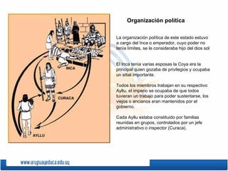 Organización política

La organización política de este estado estuvo
a cargo del Inca o emperador, cuyo poder no
tenía límites, se le consideraba hijo del dios sol


El Inca tenía varias esposas la Coya era la
principal quien gozaba de privilegios y ocupaba
un sitial importante.

Todos los miembros trabajan en su respectivo
Ayllu, el imperio se ocupaba de que todos
tuvieran un trabajo para poder sustentarse, los
viejos o ancianos eran mantenidos por el
gobierno.

Cada Ayllu estaba constituido por familias
reunidas en grupos, controlados por un jefe
administrativo o inspector (Curaca).
 