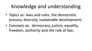Knowledge and understanding 
• Topics as: laws and rules, the democratic 
process, diversity, sustainable development; 
• Concepts as: democracy, justice, equality, 
freedom, authority and the rule of law; 
 