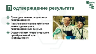 П одтверждение результата
Проводим анализ результатов
преобразования
Применяем внешние источники
данных для оценки
преобразованных данных
Осуществляем новую итерацию
преобразований при
необходимости
 