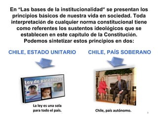 En  “ Las bases de la institucionalidad ”  se presentan los principios b á sicos de nuestra vida en sociedad. Toda interpretaci ó n de cualquier norma constitucional tiene como referentes los sustentos ideol ó gicos que se establecen en este cap í tulo de la Constituci ó n. Podemos sintetizar estos principios en dos: CHILE, ESTADO UNITARIO CHILE, PAÍS SOBERANO Chile, país autónomo.  La ley es una sola para todo el país. 