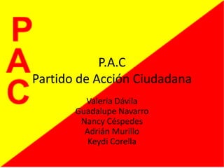 P.A.C
Partido de Acción Ciudadana
Valeria Dávila
Guadalupe Navarro
Nancy Céspedes
Adrián Murillo
Keydi Corella

 
