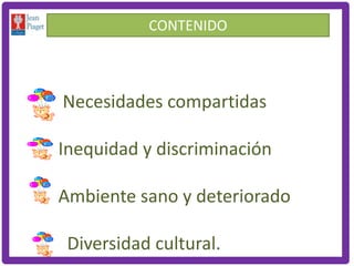 CONTENIDO



Necesidades compartidas

Inequidad y discriminación

Ambiente sano y deteriorado

 Diversidad cultural.
 