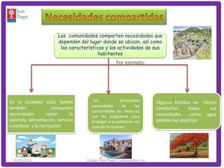 Las comunidades comparten necesidades que
                        dependen del lugar donde se ubican, así como
                         las características y las actividades de sus
                                          habitantes
                                                      Por ejemplo:




En la sociedad cada familia             Las            principales          Algunas familias no tienen
                                       necesidades      de     las
también             comparten                                               satisfechas     todas   sus
                                       comunidades de Veracruz
necesidades       como        la       son los programas para               necesidades      como: agua
vivienda, alimentación, servicio       proteger a la población en           potable luz eléctrica.
s médicos y la recreación              caso de huracanes.




  26/05/2011                        Colegio Jean Piaget Coatzacoalcos Ver                  3
 