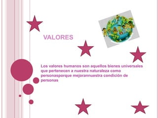 valoresLos valores humanos son aquellos bienes universales que pertenecen a nuestra naturaleza como personasporquemejorannuestra condición de personas