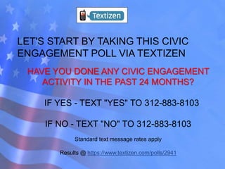 LET'S START BY TAKING THIS CIVIC
ENGAGEMENT POLL VIA TEXTIZEN
HAVE YOU DONE ANY CIVIC ENGAGEMENT
ACTIVITY IN THE PAST 24 MONTHS?
IF YES - TEXT "YES" TO 312-883-8103
IF NO - TEXT "NO" TO 312-883-8103
Standard text message rates apply
Results @ https://www.textizen.com/polls/2941
 