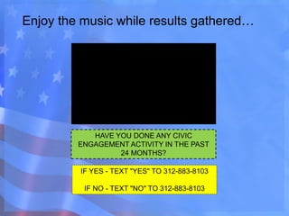 Enjoy the music while results gathered…
IF YES - TEXT "YES" TO 312-883-8103
IF NO - TEXT "NO" TO 312-883-8103
HAVE YOU DONE ANY CIVIC
ENGAGEMENT ACTIVITY IN THE PAST
24 MONTHS?
 