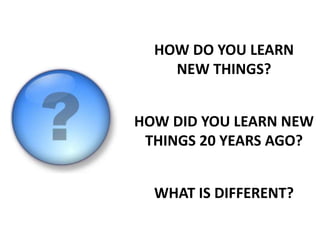 HOW DO YOU LEARN
NEW THINGS?
HOW DID YOU LEARN NEW
THINGS 20 YEARS AGO?
WHAT IS DIFFERENT?
 