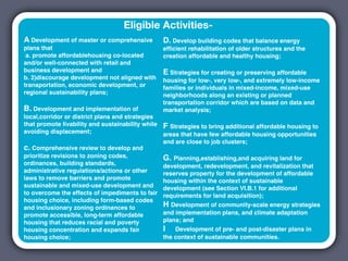 Eligible Activities-
A Development of master or comprehensive        D. Develop building codes that balance energy
plans that                                      efﬁcient rehabilitation of older structures and the
 a. promote affordablehousing co-located        creation affordable and healthy housing;
and/or well-connected with retail and
business development and                        E Strategies for creating or preserving affordable
b. 2)discourage development not aligned with    housing for low-, very low-, and extremely low-income
transportation, economic development, or        families or individuals in mixed-income, mixed-use
regional sustainability plans;                  neighborhoods along an existing or planned
                                                transportation corridor which are based on data and
B. Development and implementation of            market analysis;
local,corridor or district plans and strategies
that promote livability and sustainability while F Strategies to bring additional affordable housing to
avoiding displacement;                           areas that have few affordable housing opportunities
                                                 and are close to job clusters;
c. Comprehensive review to develop and
prioritize revisions to zoning codes,            G. Planning,establishing,and acquiring land for
ordinances, building standards,                  development, redevelopment, and revitalization that
administrative regulations/actions or other      reserves property for the development of affordable
laws to remove barriers and promote              housing within the context of sustainable
sustainable and mixed-use development and        development (see Section VI.B.1 for additional
to overcome the effects of impediments to fair requirements for land acquisition);
housing choice, including form-based codes
and inclusionary zoning ordinances to            H Development of community-scale energy strategies
promote accessible, long-term affordable         and implementation plans, and climate adaptation
housing that reduces racial and poverty          plans; and
housing concentration and expands fair           I! Development of pre- and post-disaster plans in
housing choice;                                  the context of sustainable communities.
 