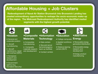 Affordable Housing + Job Clusters
 Redevelopment of Naval Air Station Brunswick into Brunswick Landing has
created extraordinary opportunities to reshape the socio-economic make-up
of the region. The Midcoast Redevelopment Authority has identiﬁed market
                segments with the highest growth potential.




•Aviation             •Composite •Information •Education                           •Alternative
• General and         Materials          Technology           • College campuses Energy
corporate aviation
                      • Composites       • Data centers       • Applied workforce • Renewable energy
• Aircraft            manufacturing
                                         • Secured server
                                                              training             generation/distribution
manufacturing
                      • Composite        farms/emergency      • Distance leaning   • Renewable energy
• Aircraft            materials research back-up facilities   centers (MLTI)       research and
maintenance, repair   and development                                              development
and overhaul (MRO)                       • Contact centers
                                                                                   • Energy product
• Aerospace                                                                        manufacturing
research and
development
• Government
agency (e.g.
Homeland Security)
 