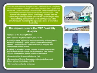 Since the ﬁnal feasibility analysis for the Collaborative was completed
 in 2007 extraordinary changes have taken place on both a global and
local scale. Given the unique circumstances, these developments will
    undoubtedly effect the regional makeup for years to come. The
     current state of open-source technology, coupled with the
   Community Challenge Grants present the opportunity to meet
      these shifting transportation needs as they occur, while
    simultaneously marketing the region as a place of innovative
                               leadership.


  Developments since the 2007 Feasibility
                Analysis
•Collapse of the Housing Market
•2007 Gasoline Avg Per Gal-$2.50, 2011 -$3.79
•Closing of NASB, Opening of Brunswick Landing including SMCC
Advanced Technology Center, Kestrel Aircraft Manufacturing,
Resilient Communications, American Bureau of Shipping and
Embry Riddle Aviation School
•Opening of Brunswick Station complex including 85 Room Inn,
Walk-In Medical Clinic, Center for Orthoepedics, Train Station,
Concord Trailways Bus Service, retail and restaurants
•Expansion of the Brunswick Industrial Park
•Construction of Amtrak Downeaster extension to Brunswick
Station with service to begin in 2012.
•A 24 hour layover facility for Amtrak
 