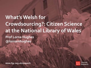 What’s Welsh for 
Crowdsourcing?: Citizen Science 
at the National Library of Wales 
Prof Lorna Hughes 
@lornamhughes 
Ymchwil 
Research 
www.llgc.org.uk/research 
 