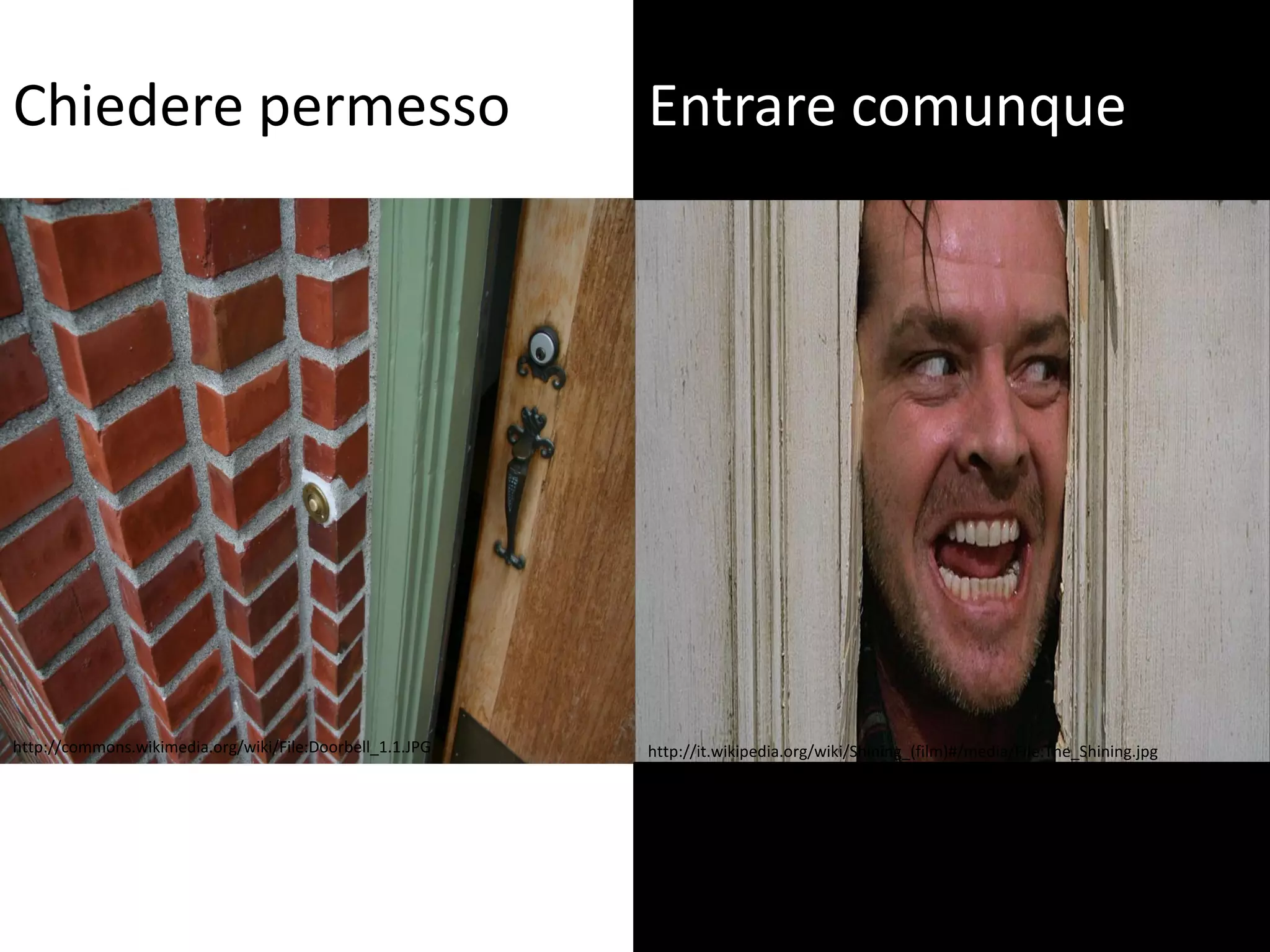 Chiedere permesso Entrare comunque
http://commons.wikimedia.org/wiki/File:Doorbell_1.1.JPG http://it.wikipedia.org/wiki/Shining_(film)#/media/File:The_Shining.jpg
 