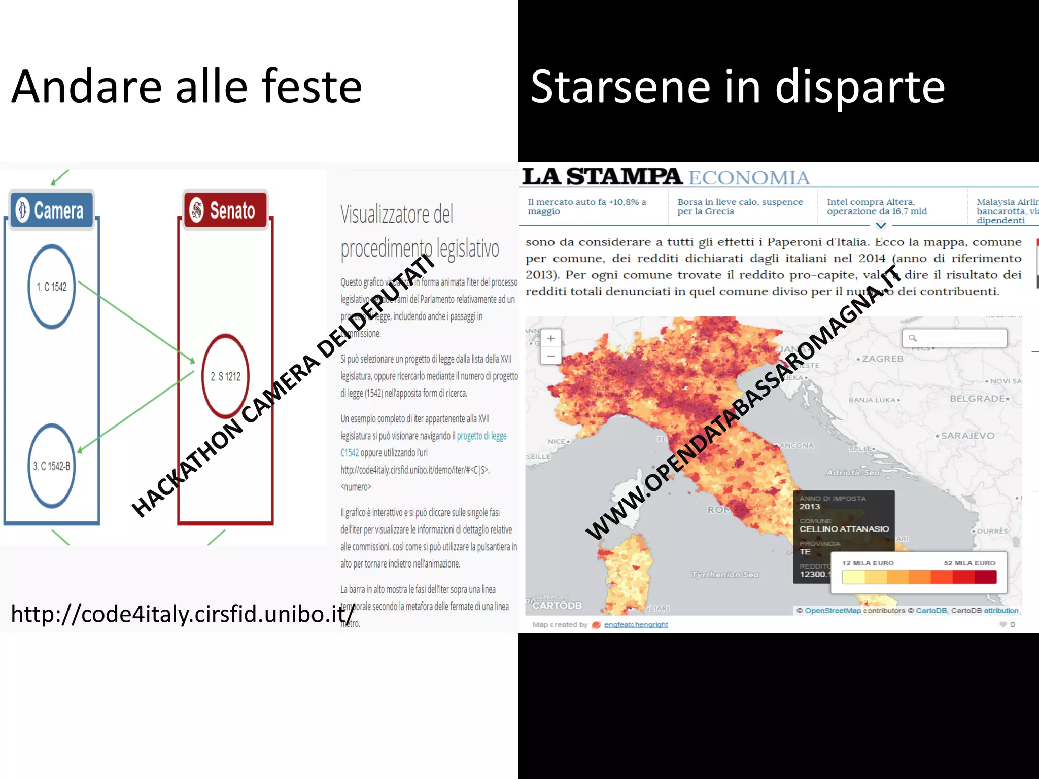 Andare alle feste Starsene in disparte
https://www.flickr.com/photos/slworking/8982740008http://code4italy.cirsfid.unibo.it/
 
