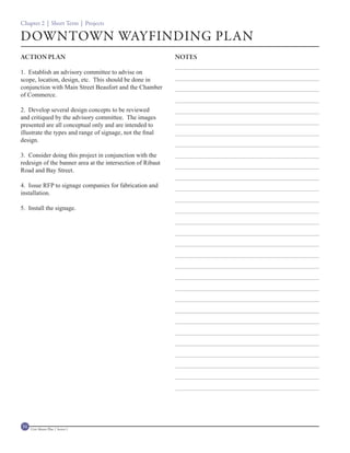 Chapter 2 | Short Term | Projects

DOWNTOWN WAYFINDING PLAN
ACTION PLAN                                                 NOTES

1. Establish an advisory committee to advise on
scope, location, design, etc. This should be done in
conjunction with Main Street Beaufort and the Chamber
of Commerce.

2. Develop several design concepts to be reviewed
and critiqued by the advisory committee. The images
presented are all conceptual only and are intended to
illustrate the types and range of signage, not the final
design.

3. Consider doing this project in conjunction with the
redesign of the banner area at the intersection of Ribaut
Road and Bay Street.

4. Issue RFP to signage companies for fabrication and
installation.

5. Install the signage.




54   Civic Master Plan | Sector 1
 
