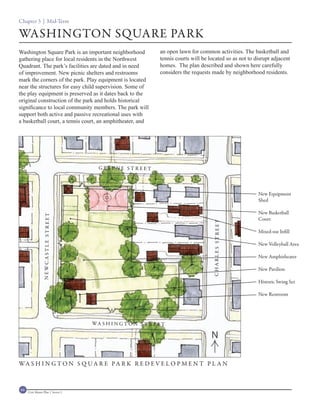 Chapter 3 | Mid-Term

WASHINGTON SQUARE PARK
Washington Square Park is an important neighborhood                an open lawn for common activities. The basketball and
gathering place for local residents in the Northwest               tennis courts will be located so as not to disrupt adjacent
Quadrant. The park’s facilities are dated and in need              homes. The plan described and shown here carefully
of improvement. New picnic shelters and restrooms                  considers the requests made by neighborhood residents.
mark the corners of the park. Play equipment is located
near the structures for easy child supervision. Some of
the play equipment is preserved as it dates back to the
original construction of the park and holds historical
significance to local community members. The park will
support both active and passive recreational uses with
a basketball court, a tennis court, an amphitheater, and




                                         GREENE STREET



                                                                                                               New Equipment
                                                                                                               Shed

                                                                                                               New Basketball
                 NEWCA ST LE ST REET




                                                                                           CHARLES STREET      Court

                                                                                                               Mixed-use Infill

                                                                                                               New Volleyball Area

                                                                                                               New Amphitheater

                                                                                                               New Pavilion

                                                                                                               Historic Swing Set

                                                                                                               New Restroom




                                       WA S H I N G T O N S T R E E T

                                                                                          N

WA S H I N G T O N S Q U A R E P A R K R E D E V E L O P M E N T P L A N



66   Civic Master Plan | Sector 1
 