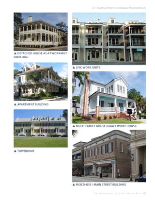 6.1 Building Patterns for Walkable Neighborhoods

SSDetached House as a Two Family
Dwelling

SSApartment Building

Image Source: islandpacket.com

SSLive-WOrk units

SSMulti-Family House (Grace white house)

SSTownhome

SSMixed-Use / Main Street Building
C i t y O f B e a u f o r t , S C | C i v i c M a s t e r P l a n 107

 
