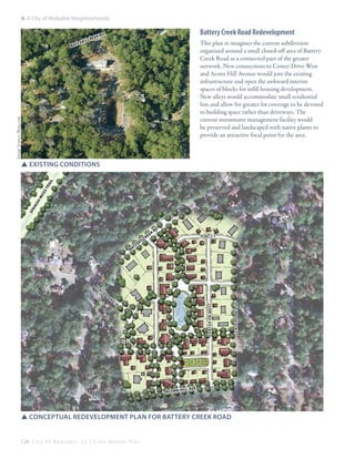 6: A City of Walkable Neighborhoods

creek

Battery Creek Road Redevelopment

rd

This plan re-imagines the current subdivision
organized around a small closed-off area of Battery
Creek Road as a connected part of the greater
network. New connections to Center Drive West
and Acorn Hill Avenue would join the existing
infrastructure and open the awkward interior
spaces of blocks for infill housing development.
New alleys would accommodate small residential
lots and allow for greater lot coverage to be devoted
to building space rather than driveways. The
current stormwater management facility would
be preserved and landscaped with native plants to
provide an attractive focal point for the area.

Image Source: Bing.com

battery

spanis

h moss

trail

SSexisting conditions

rd
Pine Ct

creek
Battery

K
OAK

Ci

R

ill
Acorn h

ave

SSConceptual redevelopment plan for battery creek road
124 C i t y O f B e a u f o r t , S C | C i v i c M a s t e r P l a n

CENTER DR East

LAC

CENTER DR West

B

 