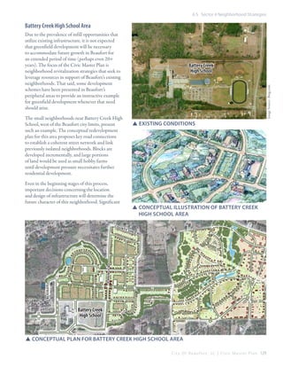 6.5 Sector 4 Neighborhood Strategies

Battery Creek High School Area
Due to the prevalence of infill opportunities that
utilize existing infrastructure, it is not expected
that greenfield development will be necessary
to accommodate future growth in Beaufort for
an extended period of time (perhaps even 20+
years). The focus of the Civic Master Plan is
neighborhood revitalization strategies that seek to
leverage resources in support of Beaufort’s existing
neighborhoods. That said, some development
schemes have been presented in Beaufort’s
peripheral areas to provide an instructive example
for greenfield development whenever that need
should arise.
The small neighborhoods near Battery Creek High
School, west of the Beaufort city limits, present
such an example. The conceptual redevelopment
plan for this area proposes key road connections
to establish a coherent street network and link
previously isolated neighborhoods. Blocks are
developed incrementally, and large portions
of land would be used as small hobby farms
until development pressure necessitates further
residential development.
Even in the beginning stages of this process,
important decisions concerning the location
and design of infrastructure will determine the
future character of this neighborhood. Significant

SSExisting conditions

SSConceptual illustration of battery creek 		
	 high school area
nty

she

d rd

rivers hill rd

calico ct

Je nn in gs rd

co u

Image Source: Bing.com

Battery Creek
High School

Battery Creek
High School

SSconceptual plan for battery creek high school area
C i t y O f B e a u f o r t , S C | C i v i c M a s t e r P l a n 129

 