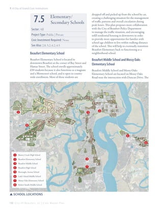 7: A City of Grand Civic Institutions

7.5

dropped off and picked up from the school by car,
creating a challenging situation for the management
of traffic patterns and overall circulation during
peak hours. This plan proposes more collaboration
with the City of Beaufort Police Department
to manage the traffic situation, and encouraging
infill residential housing in downtown in order
to provide more opportunities for families with
school-age children to live within walking-distance
of the school. This will help to eventually transition
Beaufort Elementary back to functioning as a
neighborhood school.

Elementary/
Secondary Schools

Sector: All
Project Type: Public | Private
Civic Investment Required: None
See Also: 2.8; 5.2; 6.2; 6.5

Beaufort Elementary School

Beaufort Middle School and Mossy Oaks
Elementary School

Beaufort Elementary School is located in
downtown Beaufort at the corner of Bay Street and
Hamar Street. The school enrolls approximately
650 students because it also functions as a magnate
and a Montessori school, and is open to countywide enrollment. Most of these students are

1

Beaufort Middle School and Mossy Oaks
Elementary School are located on Mossy Oaks
Road near the intersection with Duncan Drive. The

5

2

8
4
6

1
2
3
4
5

- Battery Creek High School

6
7
8

- Lady’s Island Middle School

- Beaufort Elementary School
- Beaufort Middle School
- Beaufort High School
- Burroughs Avenue School

- Mossy Oaks Elementary School
- Robert Smalls Middle School

SSschool locations
150 C i t y O f B e a u f o r t , S C | C i v i c M a s t e r P l a n

3
7

 