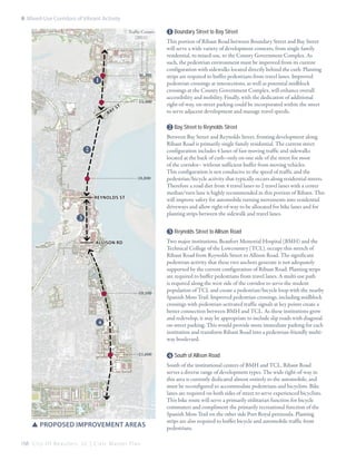 8: Mixed-Use Corridors of Vibrant Activity
Traffic Counts
(2011)

16,300

1

BAY

st

14,400

1 Boundary Street to Bay Street
This portion of Ribaut Road between Boundary Street and Bay Street
will serve a wide variety of development contexts, from single family
residential, to mixed-use, to the County Government Complex. As
such, the pedestrian environment must be improved from its current
configuration with sidewalks located directly behind the curb. Planting
strips are required to buffer pedestrians from travel lanes. Improved
pedestrian crossings at intersections, as well as potential midblock
crossings at the County Government Complex, will enhance overall
accessibility and mobility. Finally, with the dedication of additional
right-of-way, on-street parking could be incorporated within the street
to serve adjacent development and manage travel speeds.

2 Bay Street to Reynolds Street
2

18,800

Reynolds St

3

Between Bay Street and Reynolds Street, fronting development along
Ribaut Road is primarily single family residential. The current street
configuration includes 4 lanes of fast-moving traffic and sidewalks
located at the back of curb–only on one side of the street for most
of the corridor– without sufficient buffer from moving vehicles.
This configuration is not conducive to the speed of traffic and the
pedestrian/bicycle activity that typically occurs along residential streets.
Therefore a road diet from 4 travel lanes to 2 travel lanes with a center
median/turn lane is highly recommended in this portion of Ribaut. This
will improve safety for automobile turning movements into residential
driveways and allow right-of-way to be allocated for bike lanes and for
planting strips between the sidewalk and travel lanes.

3 Reynolds Street to Allison Road
Allison Rd

19,100

4

21,600

SSProposed improvement areas
168 C i t y O f B e a u f o r t , S C | C i v i c M a s t e r P l a n

Two major institutions, Beaufort Memorial Hospital (BMH) and the
Technical College of the Lowcountry (TCL), occupy this stretch of
Ribaut Road from Reynolds Street to Allison Road. The significant
pedestrian activity that these two anchors generate is not adequately
supported by the current configuration of Ribaut Road. Planting strips
are required to buffer pedestrians from travel lanes. A multi-use path
is required along the west side of the corridor to serve the student
population of TCL and create a pedestrian/bicycle loop with the nearby
Spanish Moss Trail. Improved pedestrian crossings, including midblock
crossings with pedestrian-activated traffic signals at key points create a
better connection between BMH and TCL. As these institutions grow
and redevelop, it may be appropriate to include slip roads with diagonal
on-street parking. This would provide more immediate parking for each
institution and transform Ribaut Road into a pedestrian-friendly multiway boulevard.

4 South of Allison Road
South of the institutional centers of BMH and TCL, Ribaut Road
serves a diverse range of development types. The wide right-of-way in
this area is currently dedicated almost entirely to the automobile, and
must be reconfigured to accommodate pedestrians and bicyclists. Bike
lanes are required on both sides of street to serve experienced bicyclists.
This bike route will serve a primarily utilitarian function for bicycle
commuters and compliment the primarily recreational function of the
Spanish Moss Trail on the other side Port Royal peninsula. Planting
strips are also required to buffer bicycle and automobile traffic from
pedestrians.

 