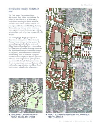 8.2 Ribaut Road

Redevelopment Strategies - North Ribaut
Road
The Civic Master Plan envisions future
development along Ribaut Road to follow the
pattern of development set by the new City
Hall complex: buildings that front the street
with little or no setback from the sidewalk and
parking located to the rear of buildings. Framing
the street this way provides a more consistent,
streetscape environment that encourages walking,
accommodates a mix of uses, and increases sidewalk
activity.

UNDARY ST

(we

st)

Piggly Wiggly
Redevelopment

County Government
Complex Redevelopment

ot

Rd

St

R ib au

p
De

y
Ba

t RD

Ribaut RD

RIBAUT RD

The existing Piggly Wiggly grocery store at
the southeast intersection of Ribaut Road and
Boundary Street provides essential goods to the
surrounding neighborhoods, but meets both
Ribaut Road and Boundary Street with a parking
lot. The conceptual plan for this area recommends
that future redevelopment accommodate growth
for the grocery store and introduce commercial
infill buildings closer to the street. A proposed
roundabout would emphasize the civic significance
of the site, provide a prominent gateway feature,
and move traffic through the busy intersection at
slower, more consistent speeds. As illustrated at left,
traffic studies suggest that the roundabout should
have two lanes and pedestrian refuge spaces.

New City
Hall

BO

SSConceptual Roundabout at
	Ribaut road & Bay street

SSRibaut Road (North) conceptual CORRIDOR
	REDEVELOPMENT
C i t y O f B e a u f o r t , S C | C i v i c M a s t e r P l a n 169

 