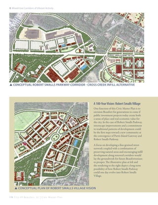 8: Mixed-Use Corridors of Vibrant Activity

r
Pa

ris

Isl

an

d

te
Ga

y
wa

Robert Smalls Pkwy (SC17 0)

SSConceptual Robert Smalls Parkway corridor - Cross Creek Infill Alternative

Pa
r

ris

Isl

an

d

Ga
te

wa
y

A 100-Year Vision: Robert Smalls Village

Ro

r
be

t Sm

a

s
ll

Pk

wy

One function of this Civic Master Plan is to
envision Beaufort for generations to come if
public investment projects today create both
a sense of place and real economic value for
the city. In the case of Robert Smalls Parkway,
streetscape improvements and a commitment
to traditional patterns of development could
be the first steps toward a new community at
the convergence of Parris Island Gateway and
Robert Smalls Parkway.
A focus on developing a fine-grained street
network coupled with a combination of
preserving natural areas and encouraging infill
development along renewed corridors would
lay the groundwork for future Beaufortonians
to prosper. The illustrative plan at left and
the rendering to the right depict a long-term
possibility of how Robert Smalls Parkway
could one day evolve into Robert Smalls
Village.

SSConceptual Plan of Robert Smalls Village Vision
174 C i t y O f B e a u f o r t , S C | C i v i c M a s t e r P l a n

 