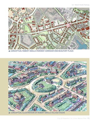 8.3 Robert Smalls Parkway

BO
Bur

to n

Hil

l Rd

UNDARY

ST

Beaufort Plaza
Redevelopment

an
Sp

Robert Smalls Pkwy (SC170)

is
h
M
o
ss
Tr
ai
l

pa
r

ri

s

is

la

n

d

g

at
e

w

ay

SSConceptual Robert Smalls Parkway corridor and Beaufort Plaza

Ro b

t Sm a l

ls Pkw

lls

Pkw

y

y

pa
r

ri

s

is

la

nd

ga
te

w

ay

Ro b e r

e

a
r t Sm

SSConceptual illustration of Robert Smalls Village Vision
C i t y O f B e a u f o r t , S C | C i v i c M a s t e r P l a n 175

 