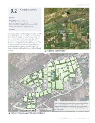 9.2 Commerce Park

9.2

Commerce Park

Sector: 4
Project Type: Public | Private

pa rk er d r

Civic Investment Required: Commerce Park
Public Infrastructure Improvements
See Also: 7.7
rk

sc

Commerce
Park

rd

a
hw

rt

zr

d

ba
yp

ine

sr

Image Source: bing.com

Recognizing that not all development types are able
to embody the mixed-use, walkable character that
the Civic Master Plan seeks to create throughout
the majority of the City of Beaufort, this plan
proposes setting aside the existing Commerce Park
to accommodate certain important employment
centers that are more auto-oriented, require very
large buildings, and benefit from an industrial park
setting.

o
sch

d

SSexisting conditions

tras
k pkw

pa rk er d r

y

rk

rd

S pa

s

o
ch

nis

zr

d

oss

rt

hM
Tra

sc

a
hw

il

es

rd

ba
y

pi

n

es

rd

in
yp
ba

Conceptual
Case Study
Area

sh

a

l
nk

Laurel bay rd

in

rd

Note: This illustrative plan depicts a conceptual long-term arrangement
of streets and developable sites throughout the Commerce Park area.
Building configurations are not shown because of the scale of the area. A
build-out scenario of the “Conceptual Case Study Area” is depicted on
the following page.

SSconceptual plan of commerce park
C i t y O f B e a u f o r t , S C | C i v i c M a s t e r P l a n 187

 