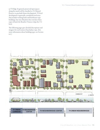 10.1 Transect-Based Implementation Strategies

as T3-Edge. In general, preserved open spaces
along the marsh will be classified as T1-Natural
Preserve to preclude future development. T2-level
development is generally considered rural areas
that include working lands and farmhouse-type
buildings, but since Beaufort does not have these
types of land, the Beaufort Transect skips the T-2
level.
The following pages give detailed descriptions and
imagery for each transect-based place type. (For
more information about building types, see Section
6.1.)

T4-neighborhood center

T4-urban neighborhood

soutH

Washington ST

T4-neighborhood
center

GREENE ST

T5-urban
corridor

CONGRESS ST

BOUNDARY ST

CHARLES St

C i t y O f B e a u f o r t , S C | C i v i c M a s t e r P l a n 199

 