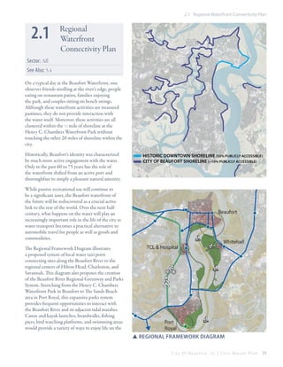 2.1 Regional Waterfront Connectivity Plan

2.1

Regional
Waterfront
Connectivity Plan

Sector: All
See Also: 5.4
On a typical day at the Beaufort Waterfront, one
observes friends strolling at the river’s edge, people
eating on restaurant patios, families enjoying
the park, and couples sitting on bench swings.
Although these waterfront activities are treasured
pastimes, they do not provide interaction with
the water itself. Moreover, these activities are all
clustered within the 1/3 mile of shoreline at the
Henry C. Chambers Waterfront Park without
touching the other 20 miles of shoreline within the
city.
Historically, Beaufort’s identity was characterized
by much more active engagement with the water.
Only in the past 60 to 75 years has the role of
the waterfront shifted from an active port and
thoroughfare to simply a pleasant natural amenity.

historic downtown shoreline (55% publicly accessible)
city of beaufort shoreline (~10% publicly accessible)

While passive recreational use will continue to
be a significant asset, the Beaufort waterfront of
the future will be rediscovered as a crucial active
link to the rest of the world. Over the next halfcentury, what happens on the water will play an
increasingly important role in the life of the city as
water transport becomes a practical alternative to
automobile travel for people as well as goods and
commodities.
The Regional Framework Diagram illustrates
a proposed system of local water taxi ports
connecting sites along the Beaufort River to the
regional centers of Hilton Head, Charleston, and
Savannah. This diagram also proposes the creation
of the Beaufort River Regional Greenway and Parks
System. Stretching from the Henry C. Chambers
Waterfront Park in Beaufort to The Sands Beach
area in Port Royal, this expansive parks system
provides frequent opportunities to interact with
the Beaufort River and its adjacent tidal marshes.
Canoe and kayak launches, boardwalks, fishing
piers, bird watching platforms, and swimming areas
would provide a variety of ways to enjoy life on the

SSREGIONAL FRAMEWORK DIAGRAM
City Of Beaufor t, SC | Civic Master Plan

29

 