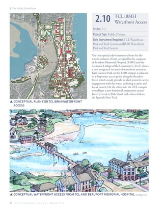 2: The Public Waterfront

2.10

TCL/BMH
Waterfront Access

Sector: 2/3

TCL

Project Type: Public | Private
spanish moss trail

ribaut rd

Civic Investment Required: TCL Waterfront
Park and Trail System and BMH Waterfront
Park and Trail System

BMH
Kate Gleason
Park
Allison Rd

The conceptual redevelopment scheme for the
narrow isthmus of land occupied by the campuses
of Beaufort Memorial Hospital (BMH) and the
Technical College of the Lowcountry (TCL) shows
a new integrated network of waterfront amenities.
Kate Gleason Park on the BMH campus is adjacent
to a deep water access point along the Beaufort
River, which would provide an ideal point for active
engagement with the water, including a canoe and
kayak launch. On the other side, the TCL campus
would have a new boardwalk connection across
Battery Creek to Polk Island and a direct link to
the Spanish Moss Trail.

SSConceptual plan for Tcl/BMH waterfront 		
	access

SSConceptual waterfront access from TCL and Beaufort Memorial hospital (looking west)
40

City Of Beaufor t, SC | Civic Master Plan

 