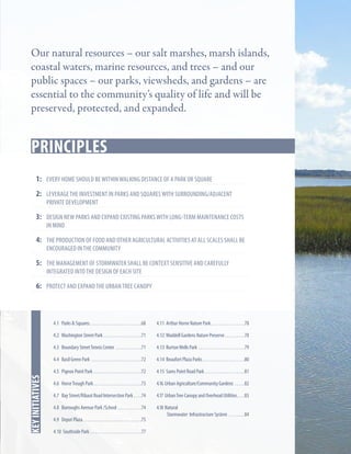 Our natural resources – our salt marshes, marsh islands,
coastal waters, marine resources, and trees – and our
public spaces – our parks, viewsheds, and gardens – are
essential to the community’s quality of life and will be
preserved, protected, and expanded.

Key Strategies
Principles
1:	 Every home should be within walking distance of a park or square
2:	 leverage the investment in parks and squares with surrounding/adjacent
private development

3:	 design new parks and expand existing parks with long-term maintenance costs
in mind

4:	 the production of food and other agricultural activities at all scales shall be
encouraged in the community

5: 	 the management of stormwater shall be context sensitive and carefully
integrated into the design of each site

6:	 protect and expand the urban tree canopy

4.11 Arthur Horne Nature Park. . . . . . . . . . . . . . . . . 78

4.2 Washington Street Park. . . . . . . . . . . . . . . . . . . 71

4.12 Waddell Gardens Nature Preserve. . . . . . . . . . 78

4.3 Boundary Street Tennis Center . . . . . . . . . . . . . 71

4.13 Burton Wells Park . . . . . . . . . . . . . . . . . . . . . . . 79

4.4 Basil Green Park . . . . . . . . . . . . . . . . . . . . . . . . . 72

In this chapter
key Initiatives

4.1 Parks & Squares. . . . . . . . . . . . . . . . . . . . . . . . . . 68

4.14 Beaufort Plaza Parks. . . . . . . . . . . . . . . . . . . . . 80

4.5 Pigeon Point Park. . . . . . . . . . . . . . . . . . . . . . . . 72

4.15 Sams Point Road Park. . . . . . . . . . . . . . . . . . . . 81

4.6 Horse Trough Park. . . . . . . . . . . . . . . . . . . . . . . . 73

4.16 Urban Agriculture/Community Gardens . . . . . 82

4.7 Bay Street/Ribaut Road Intersection Park. . . . 74

4.17 Urban Tree Canopy and Overhead Utilities. . . . 83

4.8 Burroughs Avenue Park /School. . . . . . . . . . . . 74

4.18 Natural
Stormwater Infrastructure System . . . . . . . . 84

4.9 Depot Plaza. . . . . . . . . . . . . . . . . . . . . . . . . . . . . 75
4.10 Southside Park. . . . . . . . . . . . . . . . . . . . . . . . . . 77

 