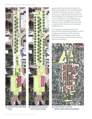 4: Protecting & Expanding Natural Infrastructure

hay st

hay st

signature public square within the Depot Area.
Both new buildings and restored older buildings
would define an intimate civic space centered
on the trail, running from Hay Street to the old
Depot Building. These buildings would be similar
in scale and character to the existing area, so as
not to overwhelm the single family residential
atmosphere. Hay and Middleton Streets would
remain small and exclude trucks for continued
neighborhood use.
A new pavilion would terminate the visual
approach down Depot Road from Ribaut, a worthy
compliment to the preserved, historic Depot
building. These two structures would provide
picnic and seating areas, bicycle lockers and other
amenities for trail users.

s pa
nish
mos
s tr
ail

hay st
Middleton St

Middleton St

p
de

ot

rd

Middleton St

herm itage rd

SSConceptual interim 	
	plan
74

SSconceptual build-	
	 out circulation

City Of Beaufor t, SC | Civic Master Plan

SSconceptual Plan of
	 depot area redevelopment

 