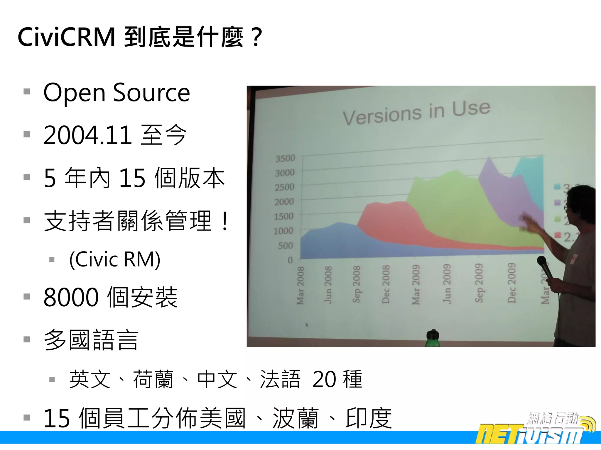 CiviCRM 到底是什麼？


    Open Source

    2004.11 至今

    5 年內 15 個版本

    支持者關係管理！
    
        (Civic RM)

    8000 個安裝

    多國語言
    
        英文、荷蘭、中文、法語 20 種

    15 個員工分佈美國、波蘭、印度
 