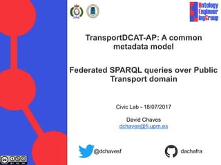 TransportDCAT-AP: A common
metadata model
Federated SPARQL queries over Public
Transport domain
Civic Lab - 18/07/2017
David Chaves
dchaves@fi.upm.es
@dchavesf dachafra
 