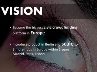 VISION 
•Become the biggest civic crowdfunding platform in Europe 
•Introduce product in Berlin and scaleto 3 more hubs in Europe within 3 years: Madrid, Paris, Lisbon  