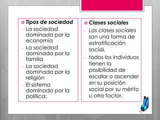  Tipos de sociedad
- La sociedad
dominada por la
economía
- La sociedad
dominada por la
familia
- La sociedad
dominada por la
religión
- El sistema
dominado por la
política:
 Clases sociales
- Las clases sociales
son una forma de
estratificación
social.
- todos los individuos
tienen la
posibilidad de
escalar o ascender
en su posición
social por su mérito
u otro factor.
 
