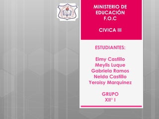 MINISTERIO DE
EDUCACIÓN
F.O.C
CIVICA III
ESTUDIANTES:
Eimy Castillo
Meylis Luque
Gabriela Ramos
Nelda Castillo
Yeroisy Marquinez
GRUPO
XII° I
 