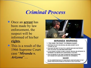 Criminal Process
   Once an arrest has
    been made by law
    enforcement, the
    suspect will be
    informed of his/her
    rights.
   This is a result of the
    1966 Supreme Court
    case “Miranda v.
    Arizona”…
 