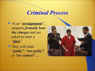 Criminal Process
   At an “arraignment”,
    suspects formally hear
    the charges and are
    asked to enter a
    “plea”.
   They will enter
    “guilty”, “not guilty”,
    or “no contest”…
 