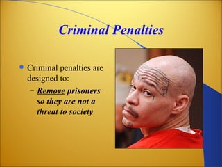 Criminal Penalties

   Criminal penalties are
    designed to:
     – Remove prisoners
       so they are not a
       threat to society
 