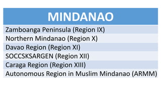 MINDANAO
Zamboanga Peninsula (Region IX)
Northern Mindanao (Region X)
Davao Region (Region XI)
SOCCSKSARGEN (Region XII)
Caraga Region (Region XIII)
Autonomous Region in Muslim Mindanao (ARMM)
 