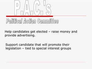 P.A.C.'s Political Action Committee Help candidates get elected – raise money and provide advertising. Support candidate that will promote their legislation – tied to special interest groups 