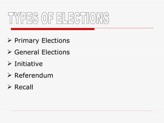 TYPES OF ELECTIONS Primary Elections General Elections Initiative Referendum Recall 